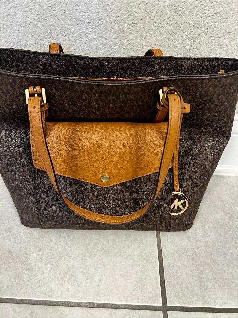 Michael Kors Brown Monogram Tote with Tan Leather Accents